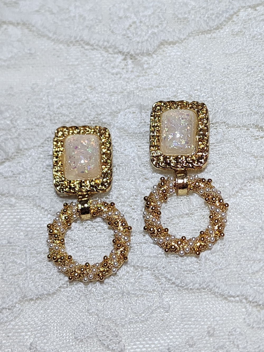 Gold Toned Faux Opal Dangle Drop Earrings with Pearl Accents- Prom, Formal